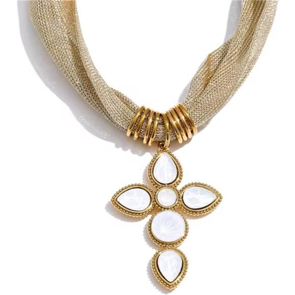 White Glass Cross Necklace | Sparkly Mesh Choker | Elegant Adjustable - Picture 1 of 5